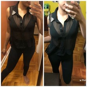 Black mesh button up blouse